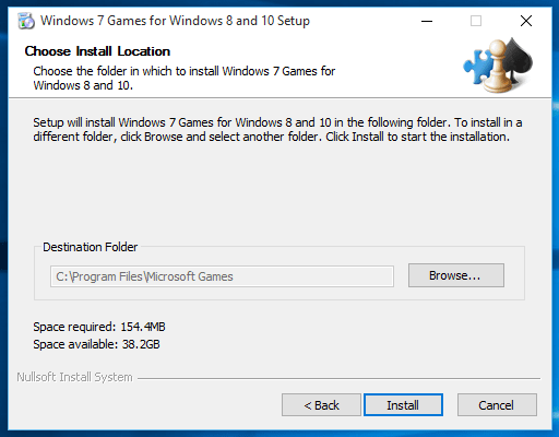 destination folder for Windows games installation