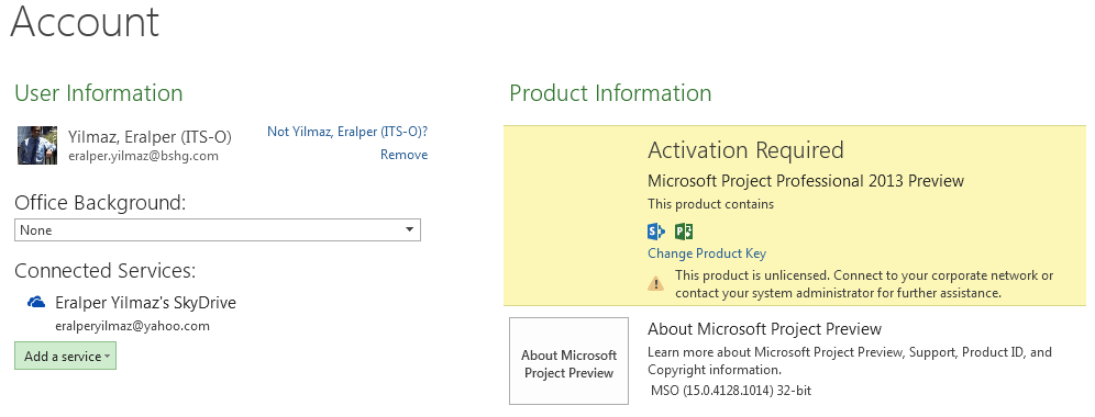 Microsoft Project 2013 activation and account details