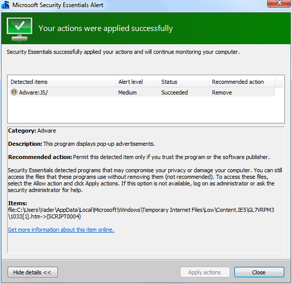 Microsoft Security Essentials Alert potential threat details