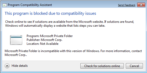 Program Compatibility Assistant blocked My Private Folder application