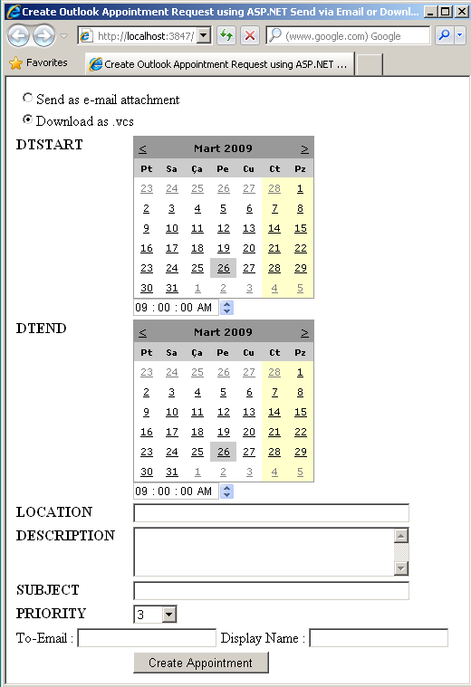 Web Application to Create Outlook Appointments in vcs or ics