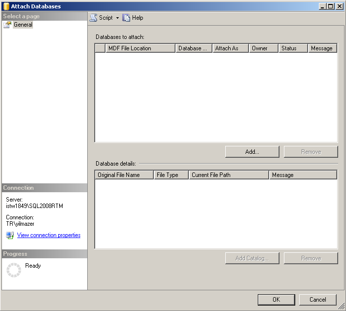 Attach databases screen - SQL Server attach database