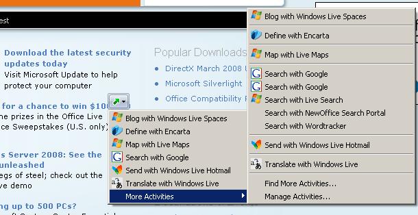 IE8 Activities Menu