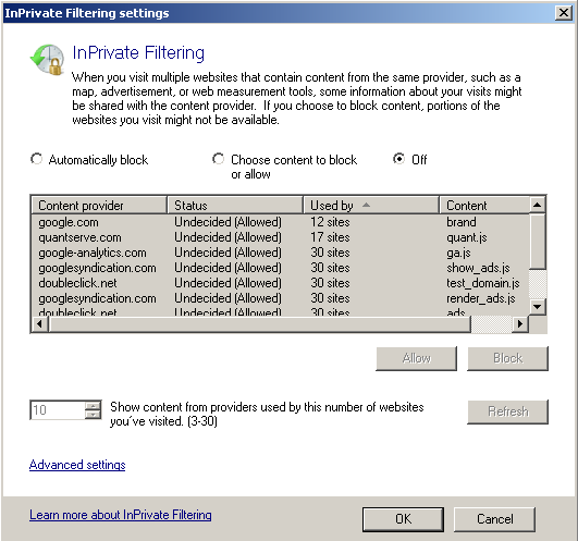 IE8 inprivate filtering settings