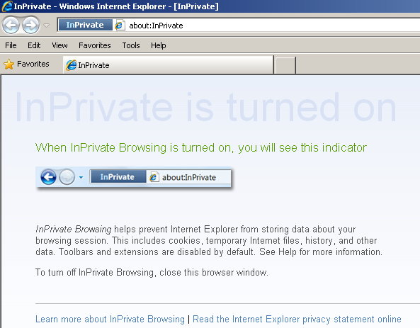 IE8 Private Browsing is turned on