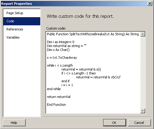 SQL Server 2008 Reporting Services Custom Code Screen