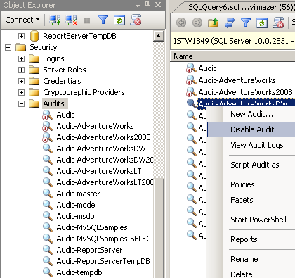 disable all ms sql server audit log using t-sql and ssms