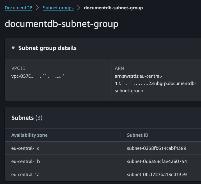 Amazon DocumentDB VPC and Subnet Group