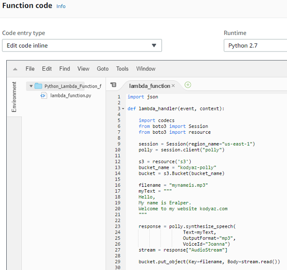 Amazon Lambda function Python codes using AWS Polly and AWS S3 services