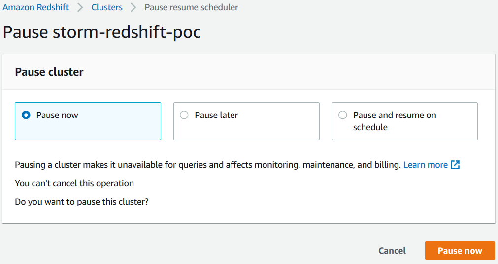 pause options for Amazon Redshift cluster