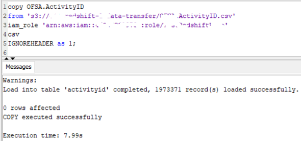 run SQL Copy command on Amazon Redshift database to import data from csv file