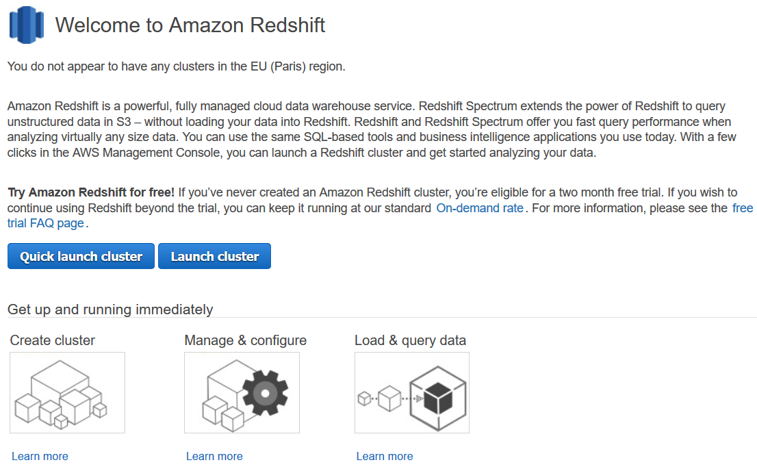Amazon Redshift Service on AWS Management Console