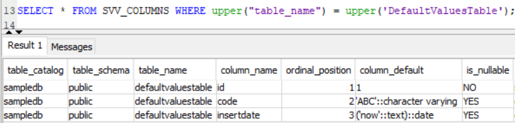Redshift table columns list with default values