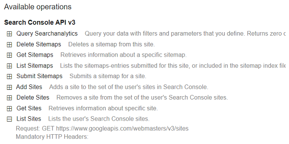 list of Search Console API methods for developers list of Search Console API methods for developers