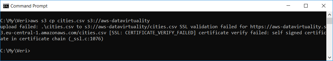 SSL validation failed for AWS S3 upload CLI command