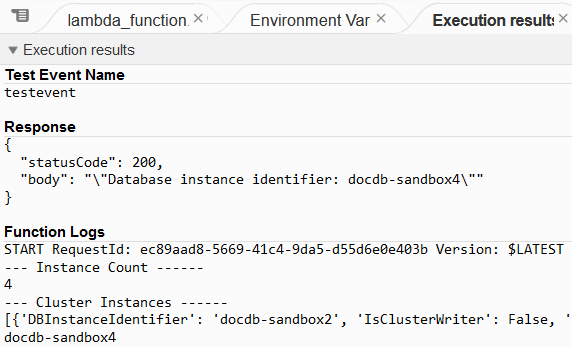 AWS Lambda function execution output which find instance identifier for new replica