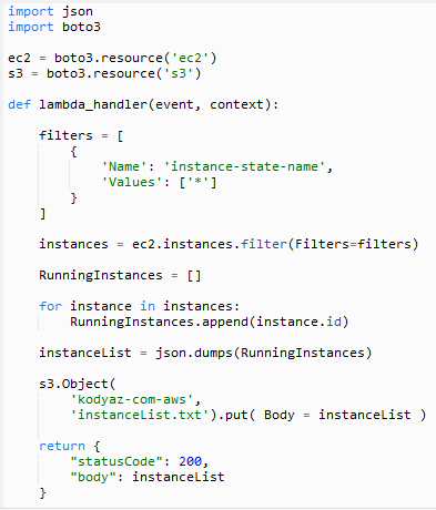 Lambda code in Python to list AWS EC2 instances and store on Amazon S3 bucket