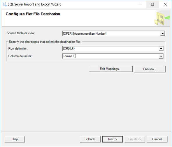 configure csv file properties for data export from SQL Server