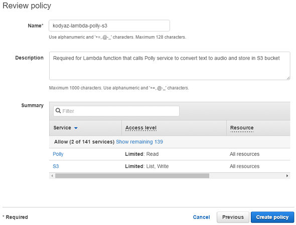 create policy required for AWS IAM role