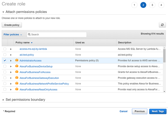 attach permissions policies to new IAM role
