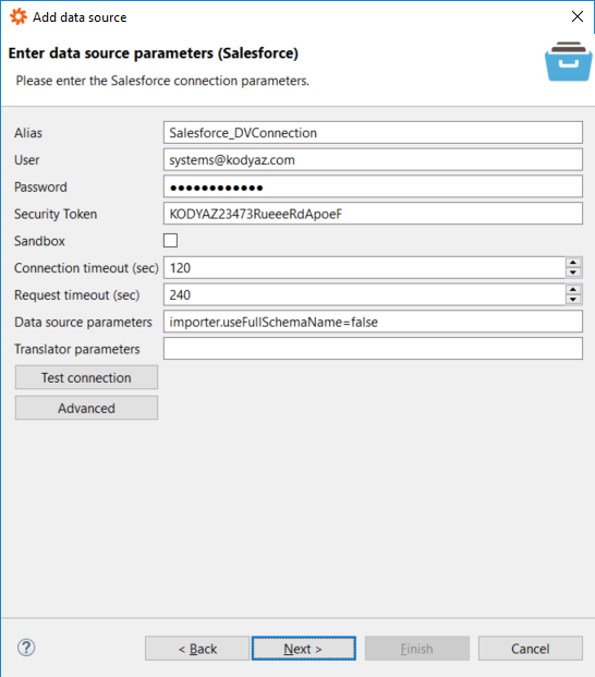Data Virtuality Salesforce connector connection properties