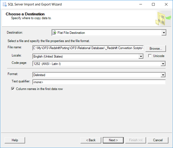 csv flat file destination to export database table data from SQL Server for Amazon Redshift