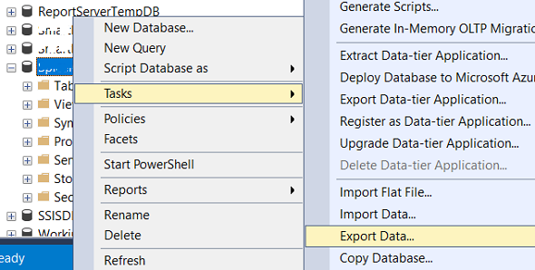 SQL Server Management Studio database tasks to export data as csv file