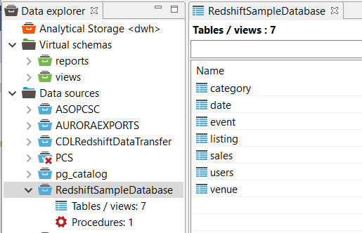 Amazon Redshift database tables and views on Data Explorer