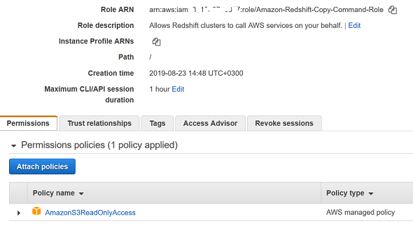 IAM role for Amazon Redshift SQL COPY command
