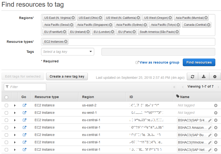 AWS Tag Editor Tool listing all EC2 instances
