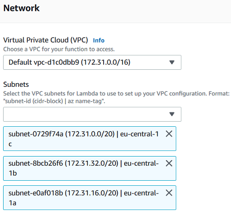 network settings for VPC and Subnets for AWS Lambda function connecting to Redshift