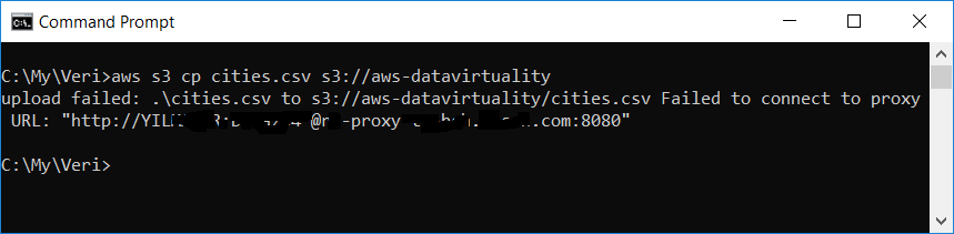 AWS CLI upload command failed: failed to connect to proxy