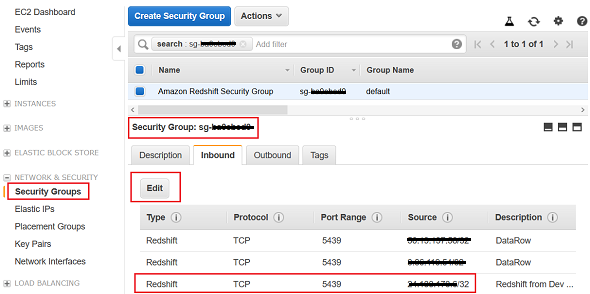 Security Group settings for Amazon Redshift