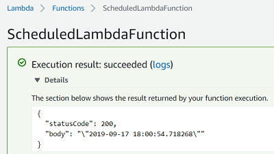 test execution result of AWS Lambda function