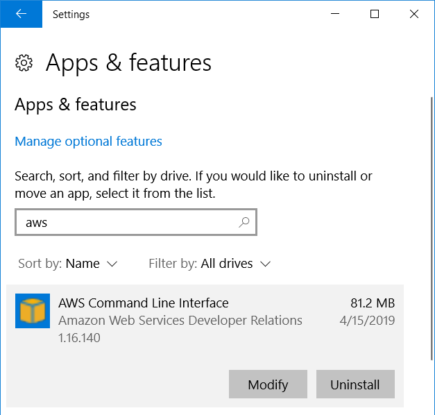 Uninstall AWS CLI using Apps and Features app on Windows 10