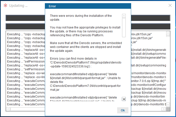 Denodo update errors using Control Center