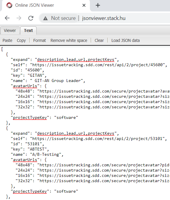 display JIRA Web API call response on JSON Viewer