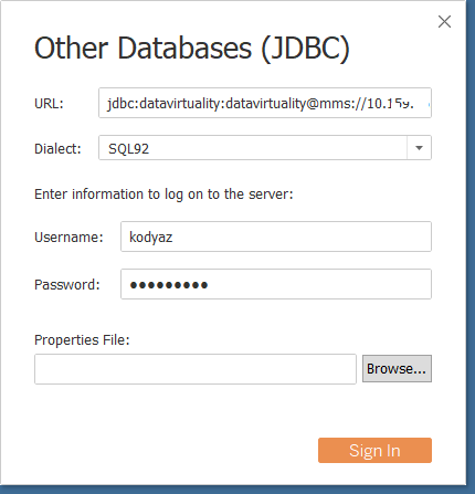 JDBC database connection properties to connect Tableau to Data Virtuality
