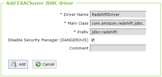 Amazon Redshift JDBC driver definition on Exasol database