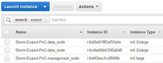 Exasol cluster data nodes on AWS EC2 Dashboard