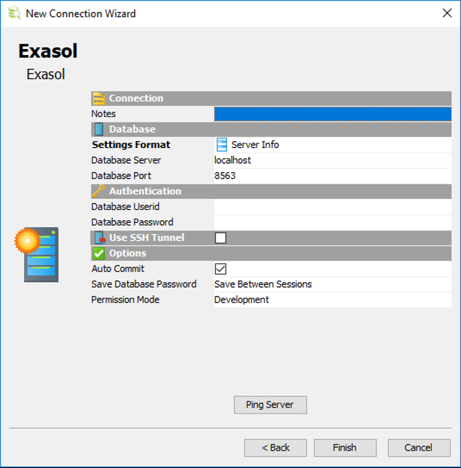 Exasol database connection parameters template