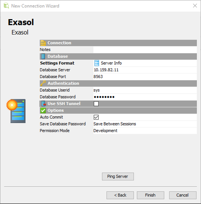 sample Exasol database connection parameters on DbVisualizer tool