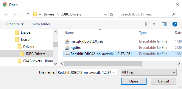 select Redshift JDBC driver for Exasol