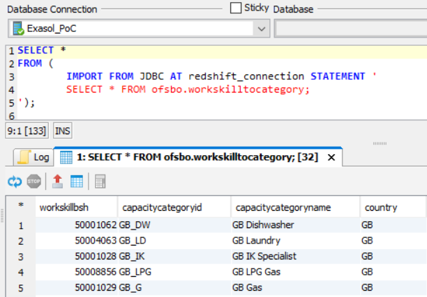 SQL Select query on Exasol reading data from Amazon Redshift