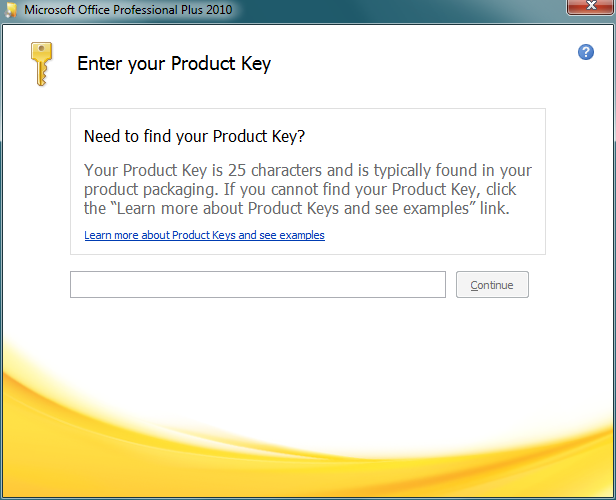 Enter Microsoft Office 2010 product key