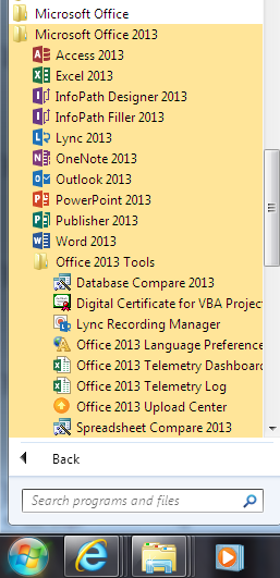 Windows 7 All Programs menu Microsoft Office 2013