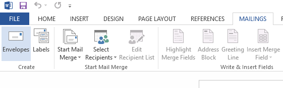 Word document Mailings tab for label printing template and recipients