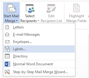 Word Mailings tab Start Mail Merge for Labels