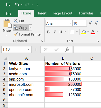 formatting options on Excel 2016 for cell background colors using data bars