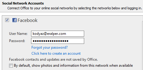 configure social network account for displaying Facebook updates from Outlook